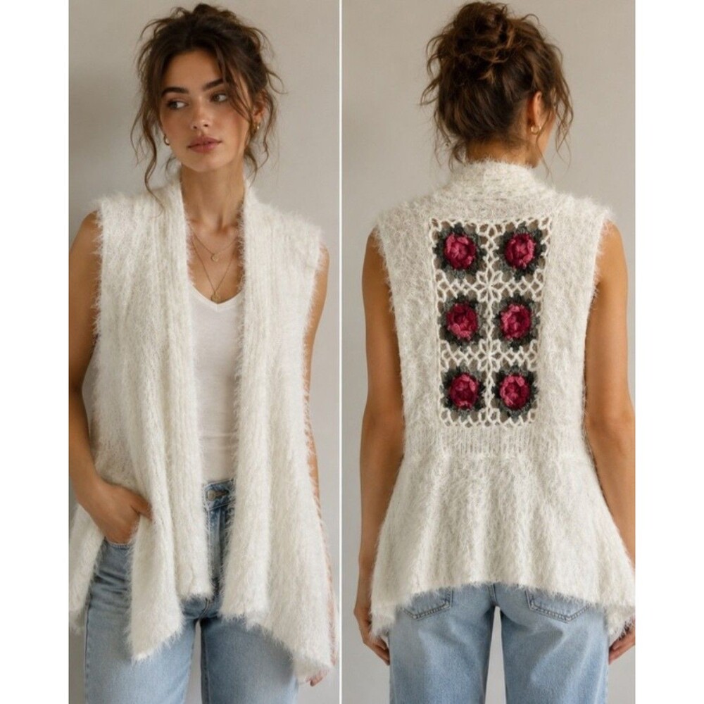 Vintage Concept Granny Square Floral Fuzzy Knit Open Front Sweater Vest - XL
